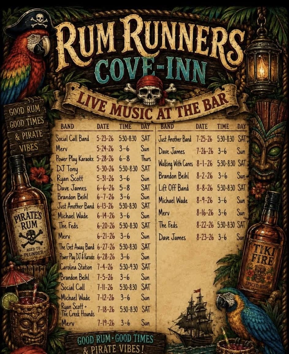 Bay Front Free entertainment on the Rum Runner stage and on the 2 county saloon
Deck
